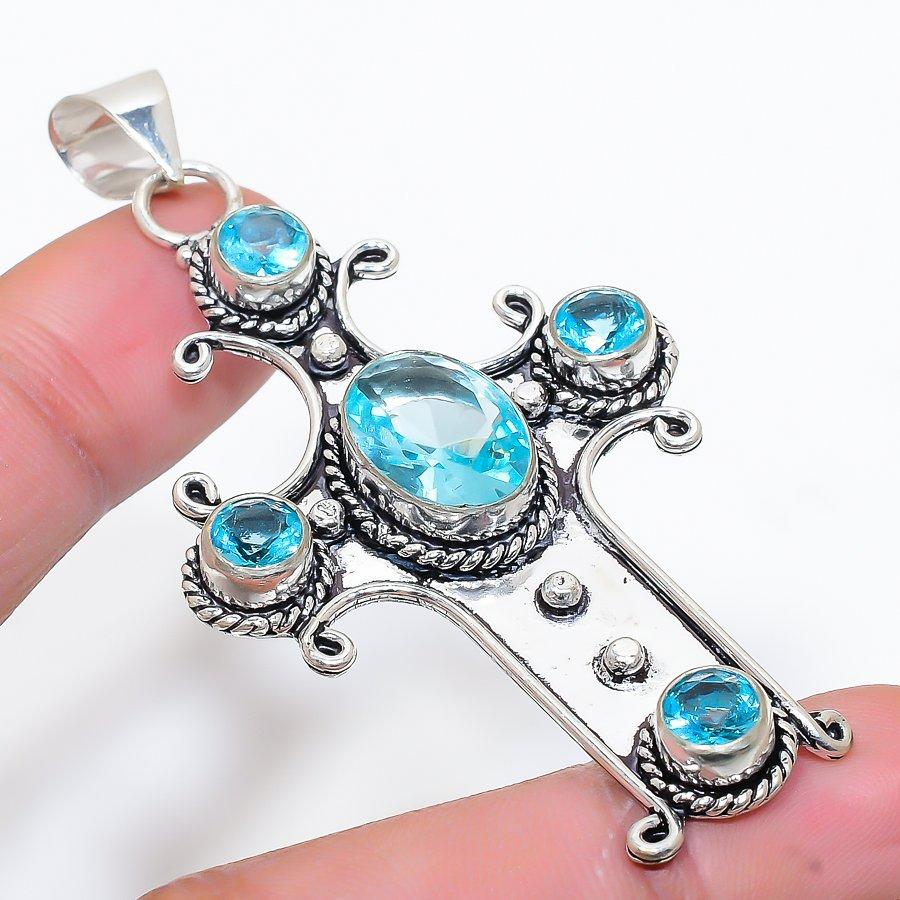 

Cross Swiss Blue Topaz Gemstone Handmade Ethnic Jewelry Pendant 2.80 SR-10306