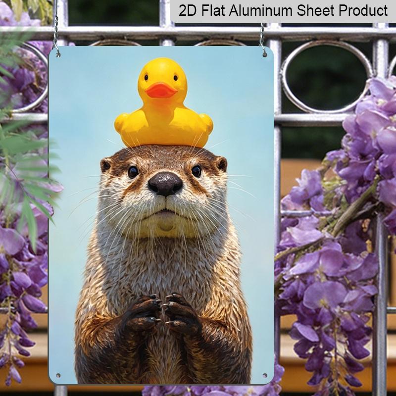 2D Flach, Niedlicher Otter mit Quietscheente auf dem Kopf Aluminiumschild - Lustige Tier-Wanddekoration Badezimmer-Dekoration, Kinderzimmer, Kinderzimmer, Tierliebhaber Heimdekoration