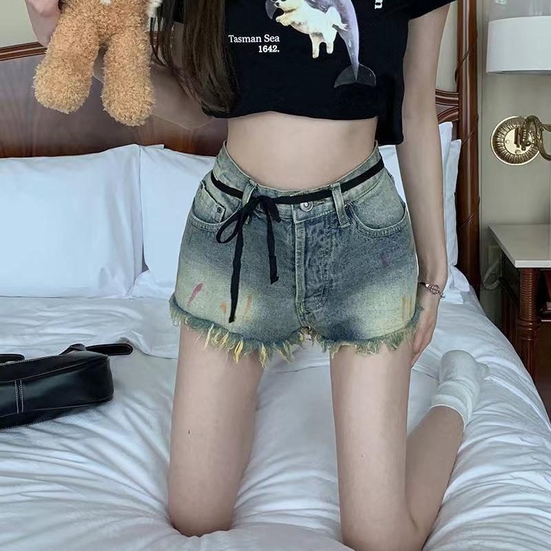 Szorty jeansowe damskie w letnim stylu, z wysokim stanem, w kształcie litery A, wyszczuplające, retro, stare spodnie
