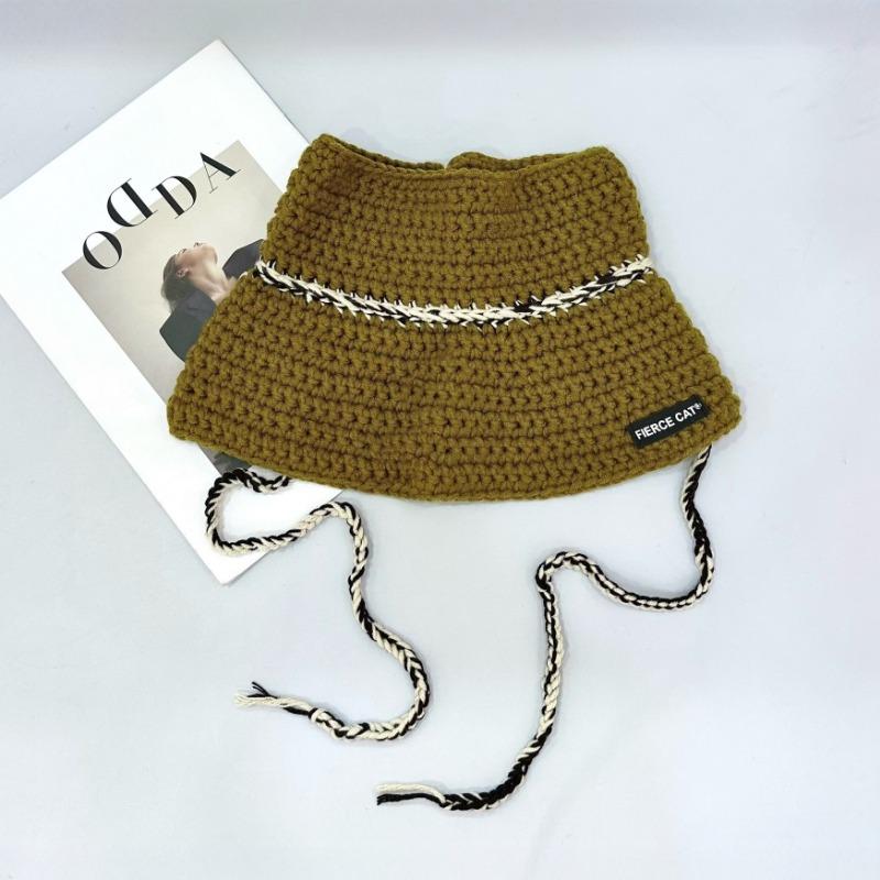 

25 Early autumn new personalized striped cat ear wool hat men s and women s curled edge cute autumn and winter ear protection knitted hat Adult 56-58cm