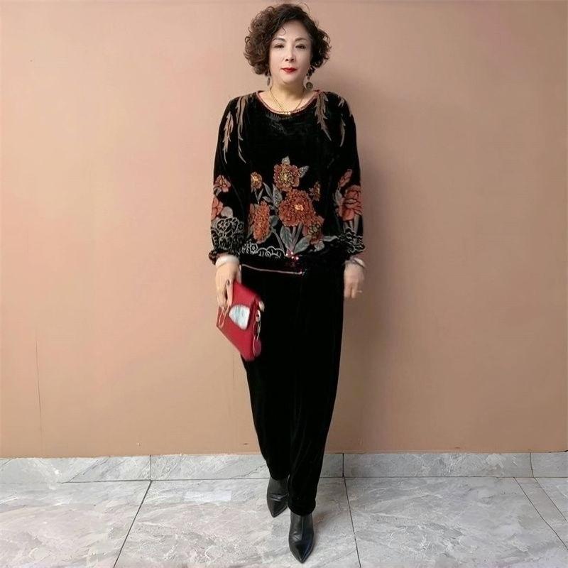 2pcs Vintage Pants Suits High-end Women's Silk Velvet Printed Oversized Blouse High-waist Velvet Pants Two-piece Velvet T-shirt Fall Winter