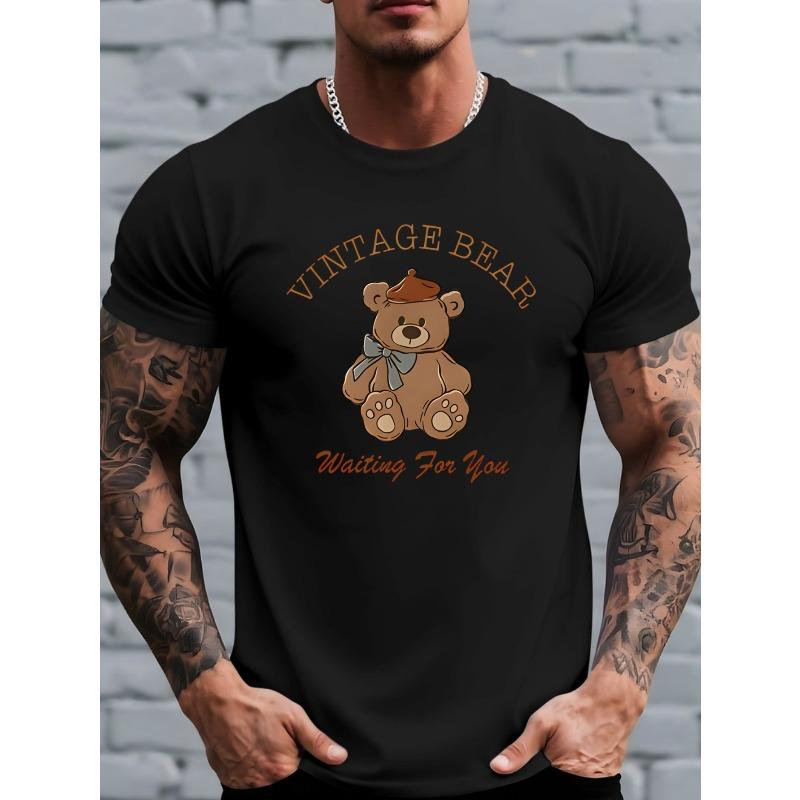 European Size Vintage-Style Bear Graphic Men S Print T-Shirt, a Perfect Gift for Friends, Suitable for Casual Wear in All Seasons,Especially in Summer S чёрный