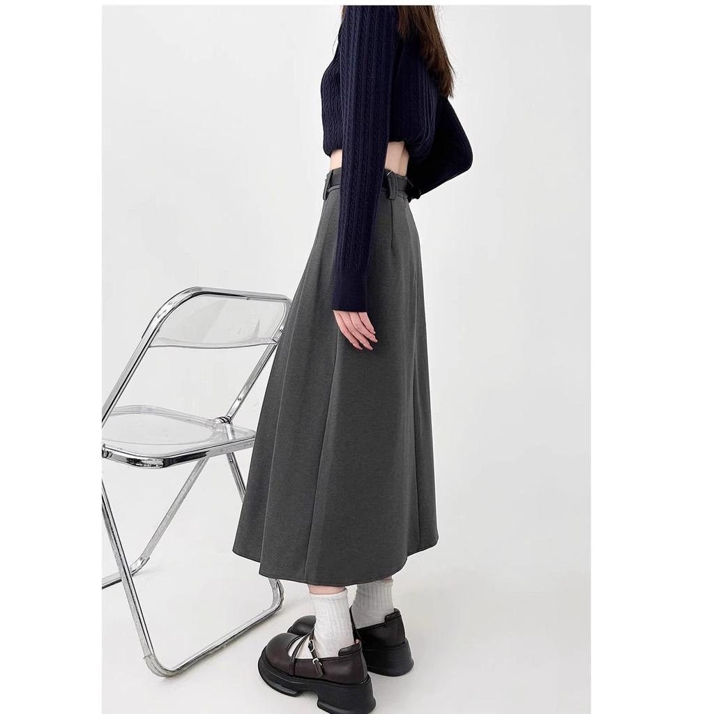 Gray Woolen Pleated Midi Skirt for Plus-Size Women - High-Waist Autumn Design