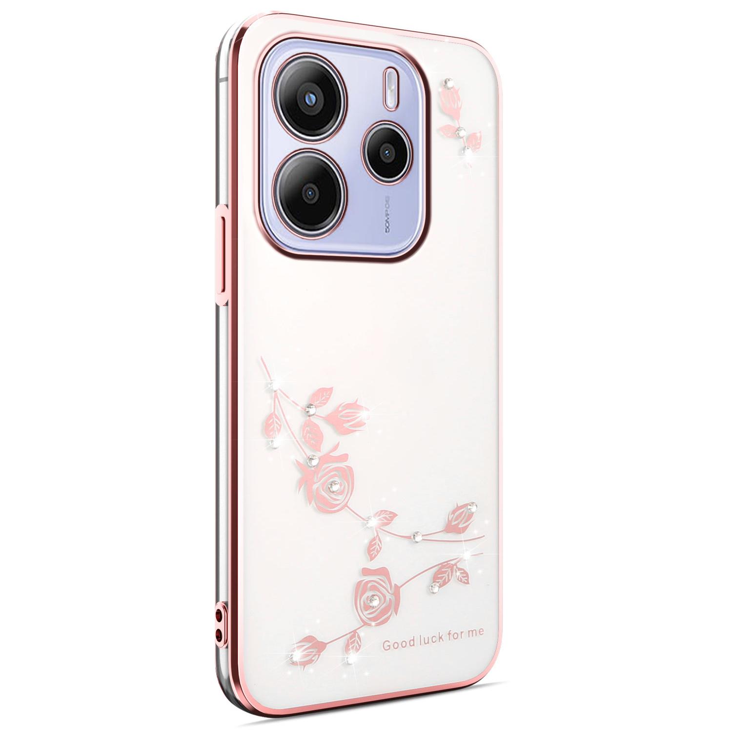

KADEM For Xiaomi Redmi Note 14 4G (164.84mm) Case Flower Rhinestone Decor Electroplating TPU Phone Cover Rose Gold