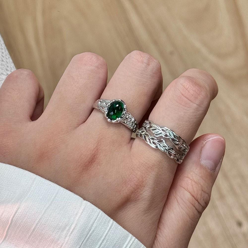 Women's Ethnic Feather Texture Ring - Green Agate, Niche Chinese National Style, Fashionable and Unique Design
