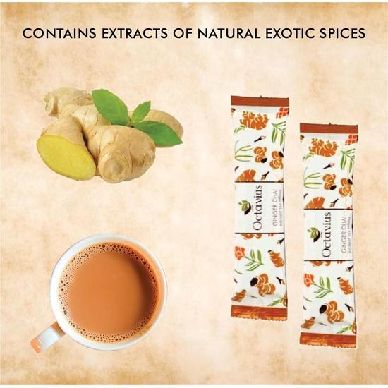 Octavius | NO ADDED SUGAR Ginger Premix Tea - 50 Pouches | Adrak Chai | Readymade Tea Mix | Low Sugar | Instant Tea | Tea Premix | 1 Minute Tea