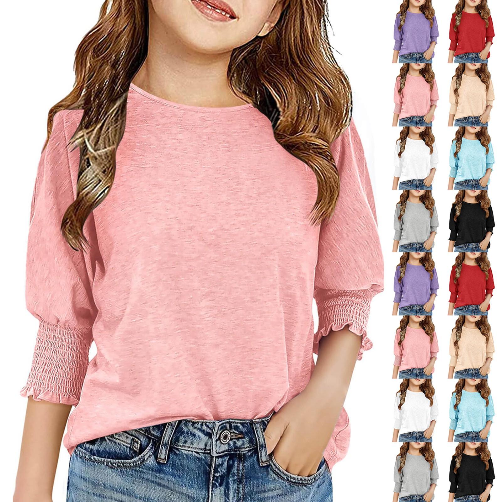 

Girls 3/4 Sleeve Blouse - Round Neck Ruffle Shirt 130 бежевий