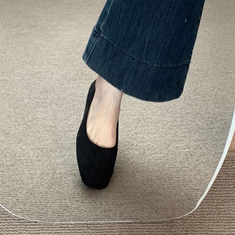 Flat-bottomed Commuter Versatile Single Shoes Women's Shoes 2025 Spring and Autumn New Square Head Black Work Shoes Suede Light Mouth Doudou Shoes
