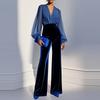 Mono de terciopelo para mujer con cuello en V, malla transparente, manga abullonada, cintura alta, pierna ancha, pantalón largo, elegante para fiesta