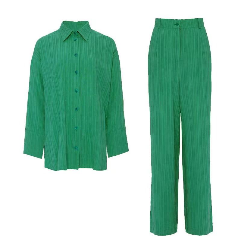 

Fashion Style New Arrival Casual Ruched Shirt Wide Leg Pants Suit Shirt Wide Wide Wide Leg Pants Suit Green L