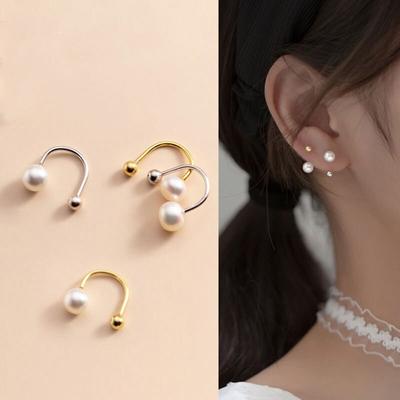 Kleine Creolen mit Perlen aus Edelstahl, Huggie-Creolen, gebogene Schraubperlen-Ohrringe für Frauen und Mädchen, edler Schmuck