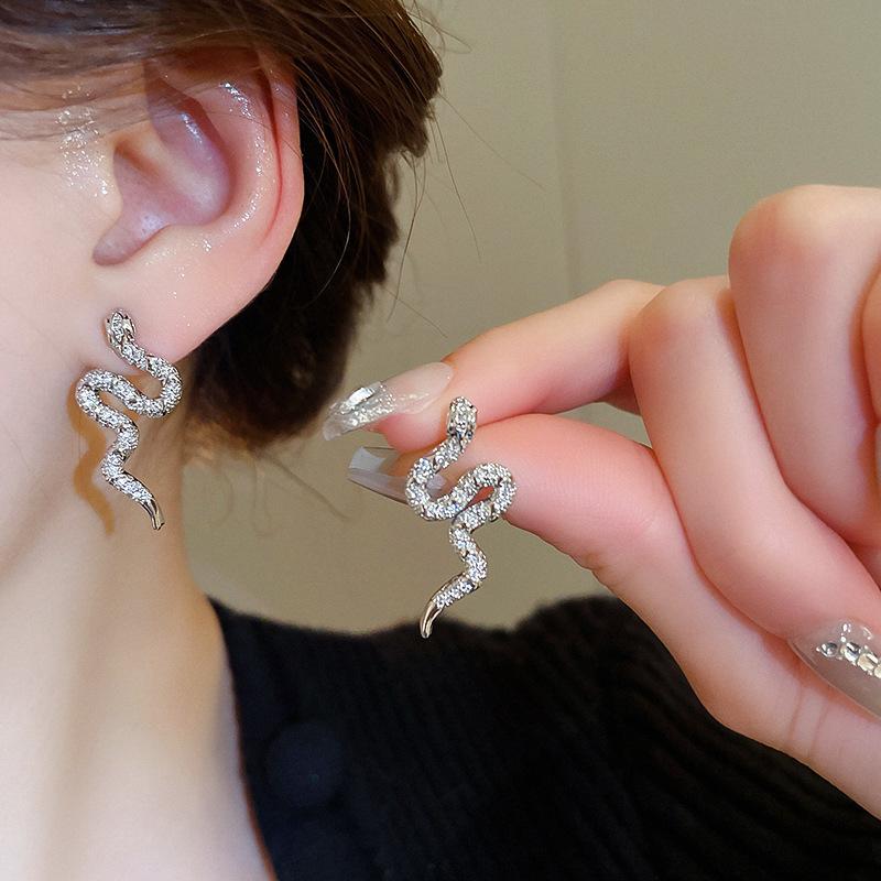 Silver needle zircon curved snake winding stud earrings niche design earrings earrings