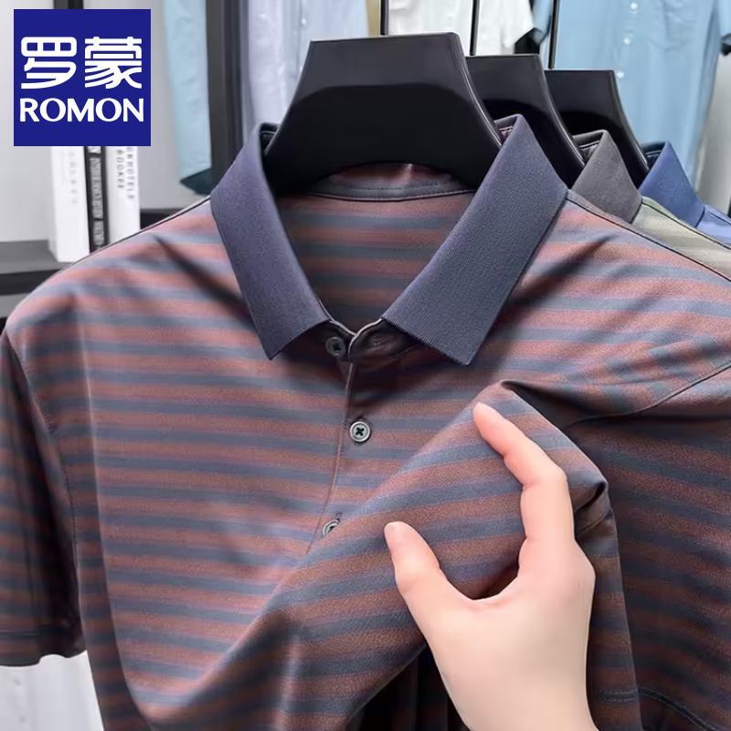 ROMON Men's Cooling Mulberry Silk Blend Striped Polo Shirt