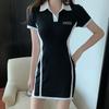 Summer Women Contrast Color Patchwork Polo Collar Bodycon Y2K Mini Dress Trendy Appliques Short Sleeve Sport Casual Dresses Ropa