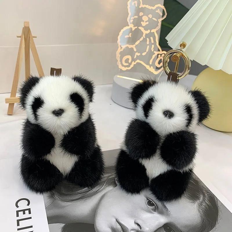 Cute Fluffy Panda Car Keychain Ring Plush Pompon Panda Trinket Key Chain Charm Cute Key Ring On Bag Car Key Pendant Jewelry Gift
