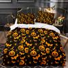 Vintage Halloween Duvet Cover Set, Halloween Cartoon Jack O' Lantern Tombstone Skulls and Bones 2/3pcs Polyester Bedding Set
