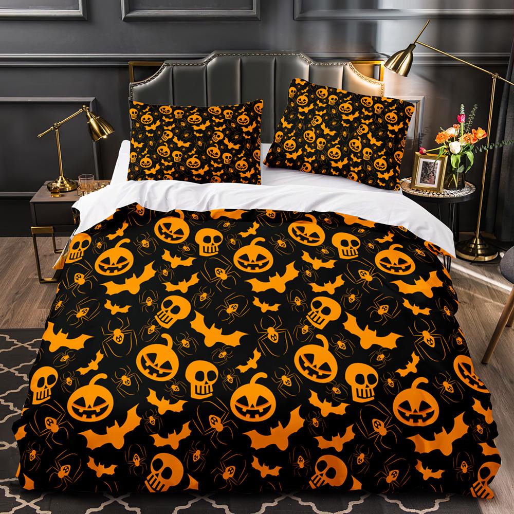 Vintage Halloween Duvet Cover Set, Halloween Cartoon Jack O' Lantern Tombstone Skulls and Bones 2/3pcs Polyester Bedding Set