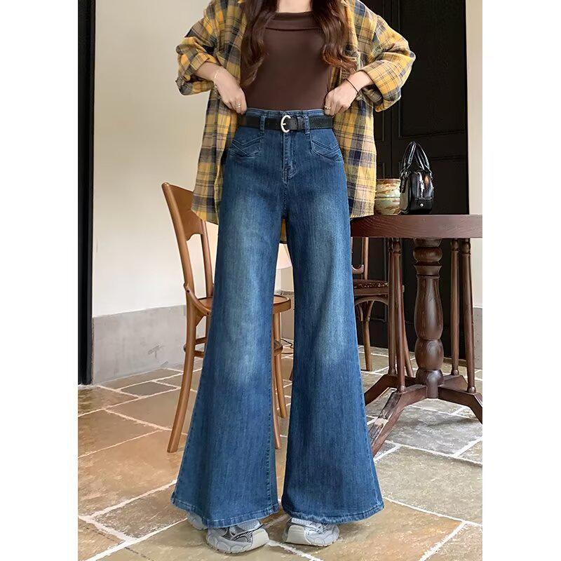 

Женские джинсы больших размеров с микро-клешем и высокой посадкой - Стройнящие, с широкими штанинами, весенне-осенний дизайн Small синий