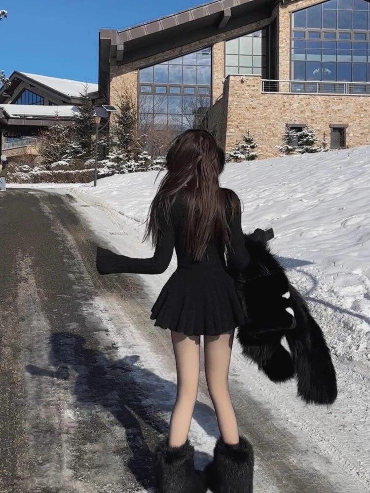 Vinter Koreansk stil Sexig stickad ny klänning i ett stycke kvinnor V-hals Vintage elegant miniklänning Kvinnlig Balklänning Designerkläder 2023