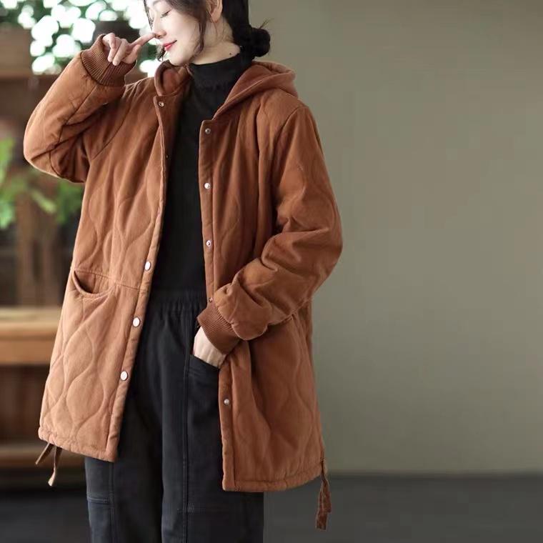Women's Retro Padded Cotton Jacket: Autumn/Winter Hooded, Round Neck, Long Sleeve, Loose Fit, Plus Size Casual Top.
