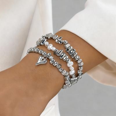 3 Stuks/Set Mode Retro Barok Armband voor Vrouwen Zoet Hart Hanger Elastisch Koord Onregelmatig CCB Kralen Gestapelde Armband Sieraden