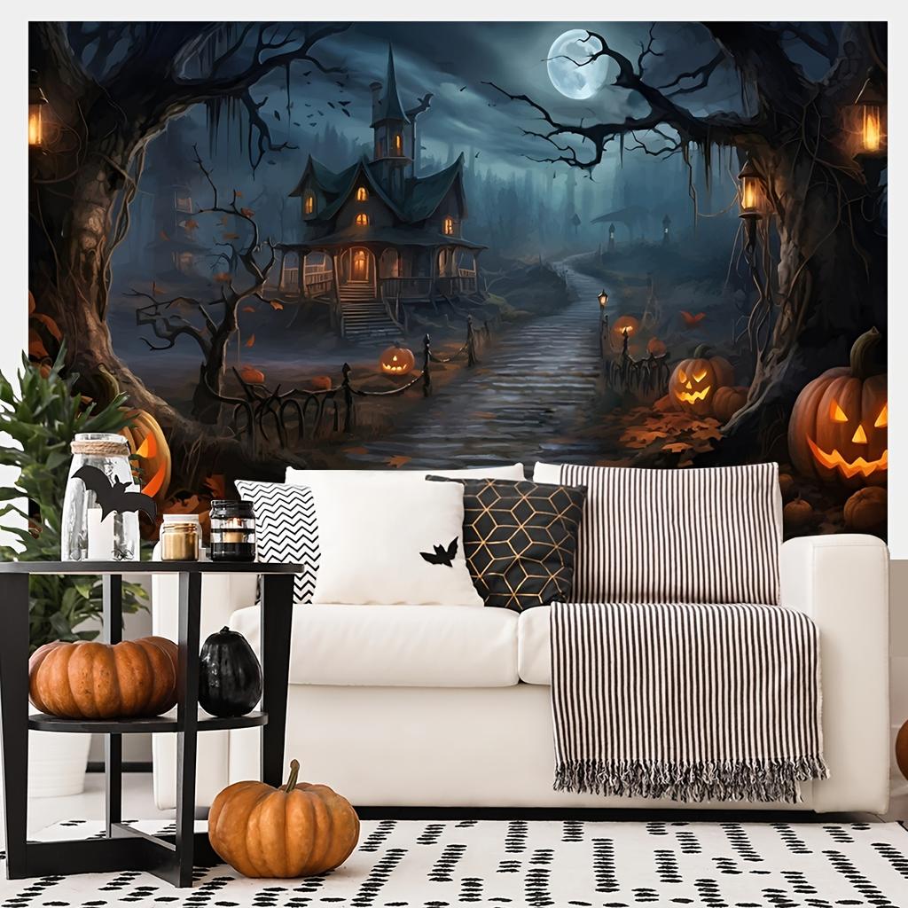 Spooky Halloween Haunted House Tapestry Moon & Pumpkin Wall Hanging for Living Room Party Home Decor Room Decoration