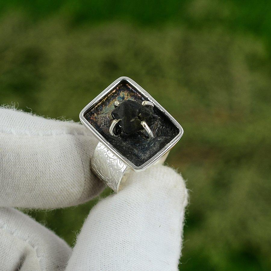 Natural Moldavite Quartz Rough Stackable Adjustable Ring 925 Silver For Women Adjustable