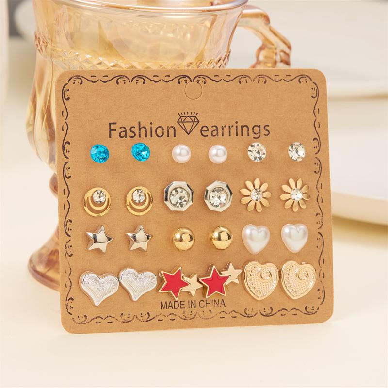 12 Pairs Combination Stud Earrings For Women Girl Moon Star Flower Pearl Zircon Heart Mini Earring Party Personality Jewelry