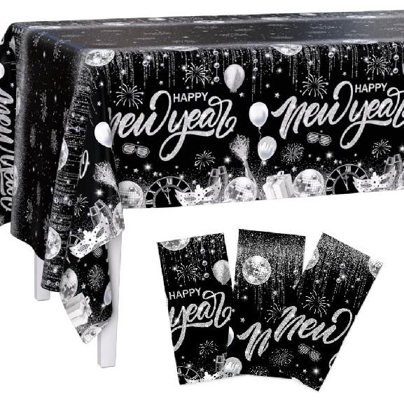3 Pack 2026 Happy New Year Decorations Disposable Plastic Tablecloths New Year Party Supplies Themed Black Silver Disco Disposable Party Decorations