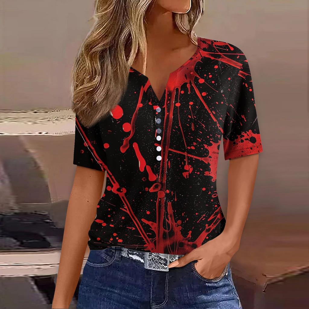 Dames T-skjorte Tee Halloween Trykket Knapp Kortermet Tunika Daglig Helgemote Basic V-hals Vanlig Topp