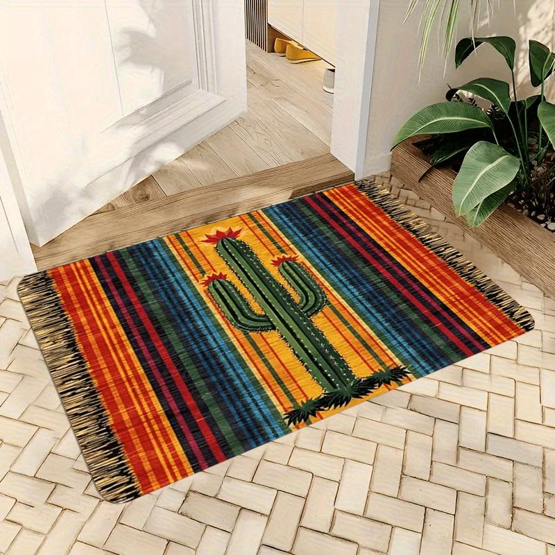 Regenbogenstreifen Fußmatte mit Kaktus-Motiv Willkommensmatte Outdoor-Teppich Weicher Wohnzimmerteppich Teppich für Schlafzimmer Heimdeko