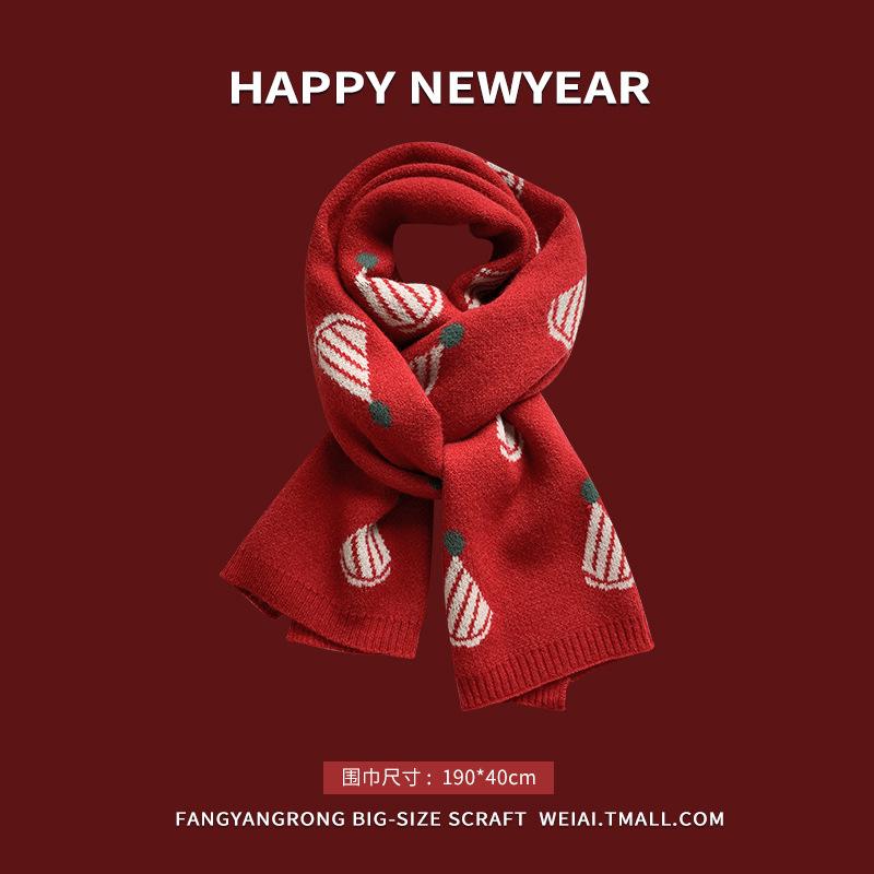 Red New Year's Scarf Women's Winter Christmas Knitted Wool Scarf Versatile Thickened To Keep Warm Student Tide