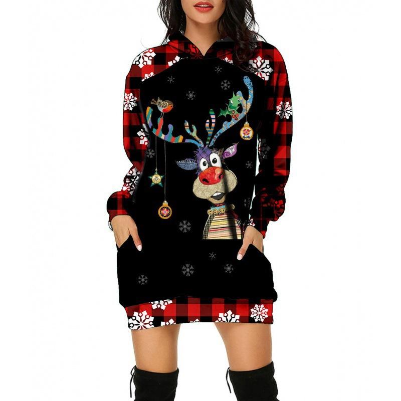 Women‘s Round Neck Long Sleeve Loose Fit Hoodie Dress 3D Print Casual Gown