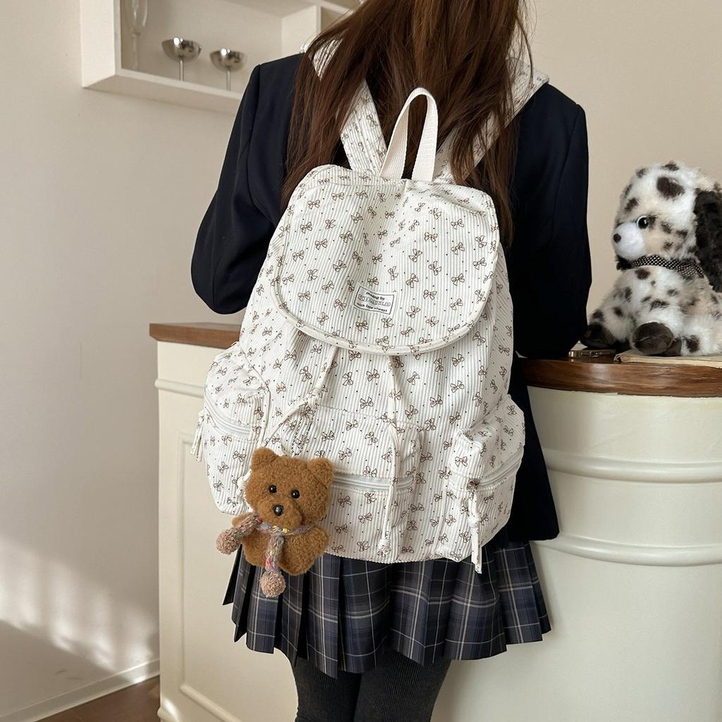 Schoolbag Sweet Bow Fashion School Bag Female College Student Class Commuter Backpack Winter New Cute Corduroy Backpack