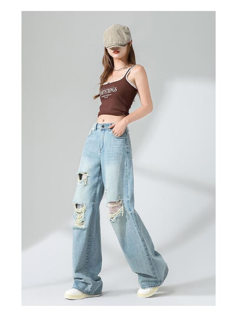 Women's High-Waisted Retro Blue Ripped Jeans – Summer 2026, Loose Fit, Slimming, Straight Leg, Floor-Length