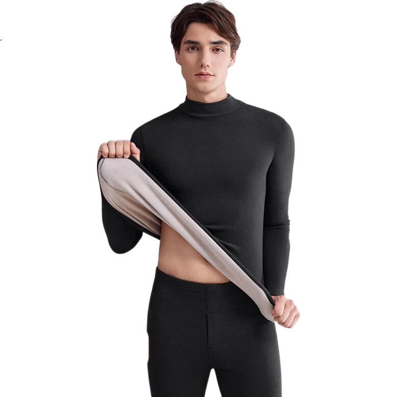 Caiyue Men's Thermal Underwear Set Mid-Neck Windproof 10A Antibacterial Wool Silk Half-High Collar Fleece Autumn Top and Bottom