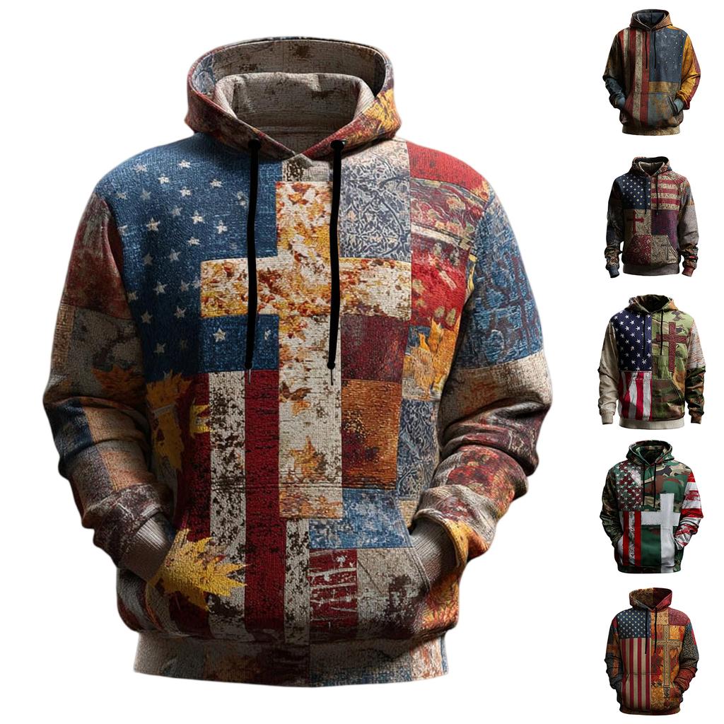 Men's Vintage Casual American Flag Cross Hoodie Patriotic Shirt