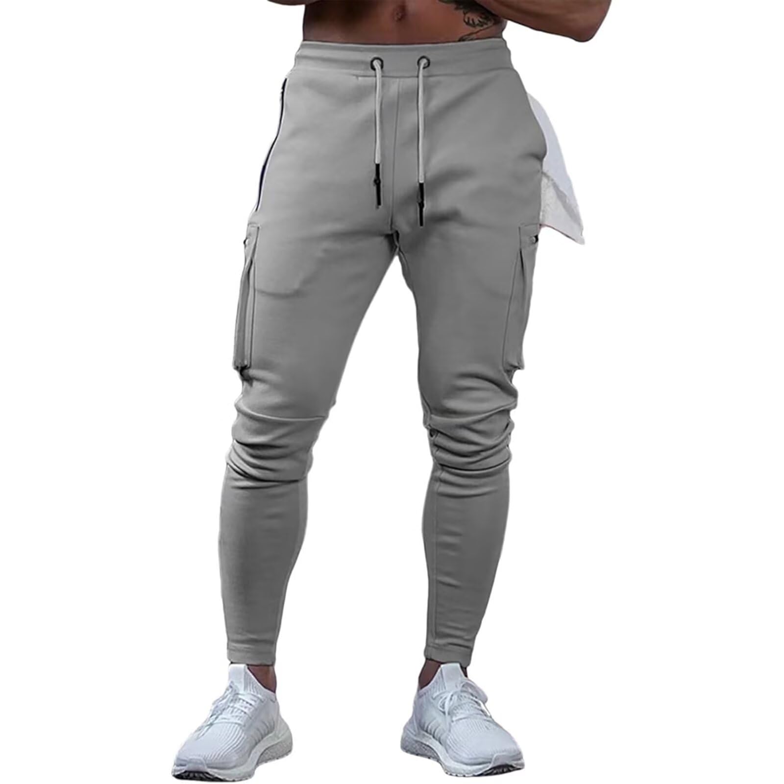 

Mechieng Men s Jogger Pants, Workout Wear, Multi-Pocket, Slim Fit, Cotton, Gym Wear, Beige, Size M