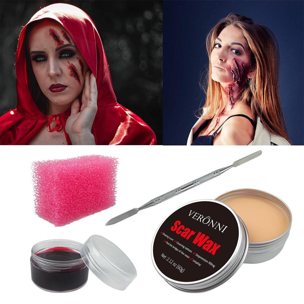 Modellier-Hautwachs-Set für Film- und TV-Make-up: Halloween Messerwunde, Narbe, Blut, Augenbrauen- und Nasenkorrektor.