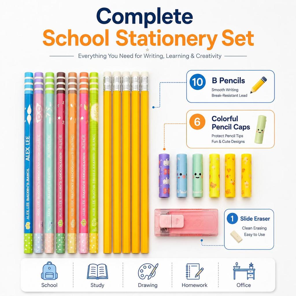 Back to School HB Pencil Stationery Set with 10 Pencils, Slide Eraser & 6 Cute Pencil Caps | School Supplies Kit