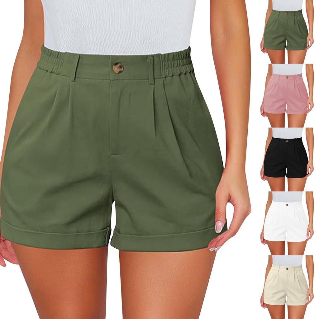 Women's Fashion Sexy High Waist Casual Cotton Stretch Single Cotton Twill Waist Pleated Summer Three-quarter Shorts With Pockets