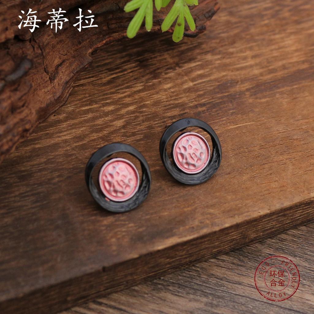 Neues Emaille-Farbe hohles rundes Stecker-Ohrring-Halsketten-Set, Damen übertriebene gun black Farbe Ring-Halskette.
