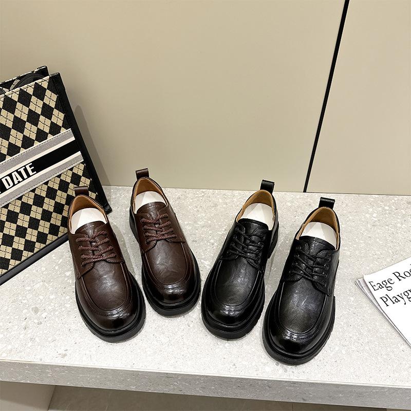 2025 autumn new British leather loafers women's platform lace-up casual shoes women's retro small size beanie shoes women