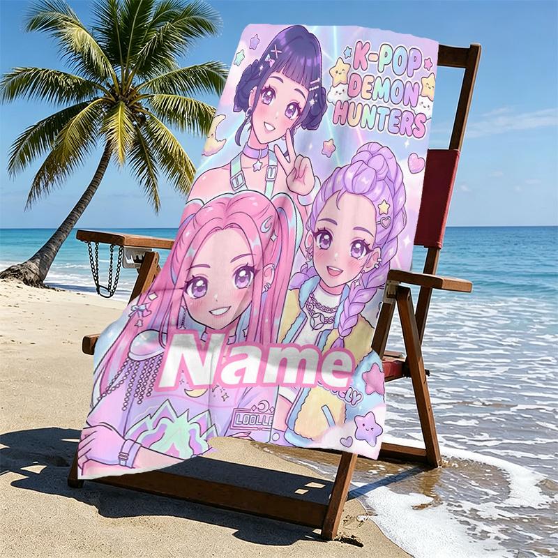 Custom Name Personalized KPop Demon Hunters Print Beach Towel, for Trip Camping Beach Party Home Decor, Birthday Gift for Family & Friends