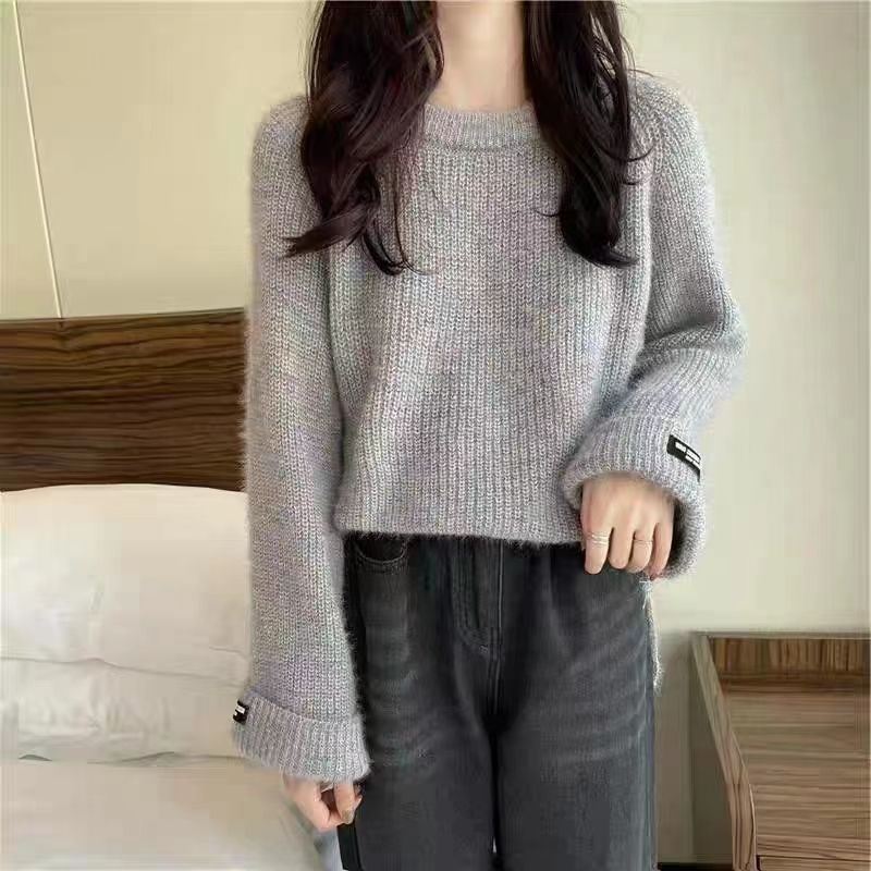 

Мягкий клейкий свитер для женщин на весну, ленивый стиль, свободный роговой длинный рукав, вязаный свитер, короткий топ 3XL серый