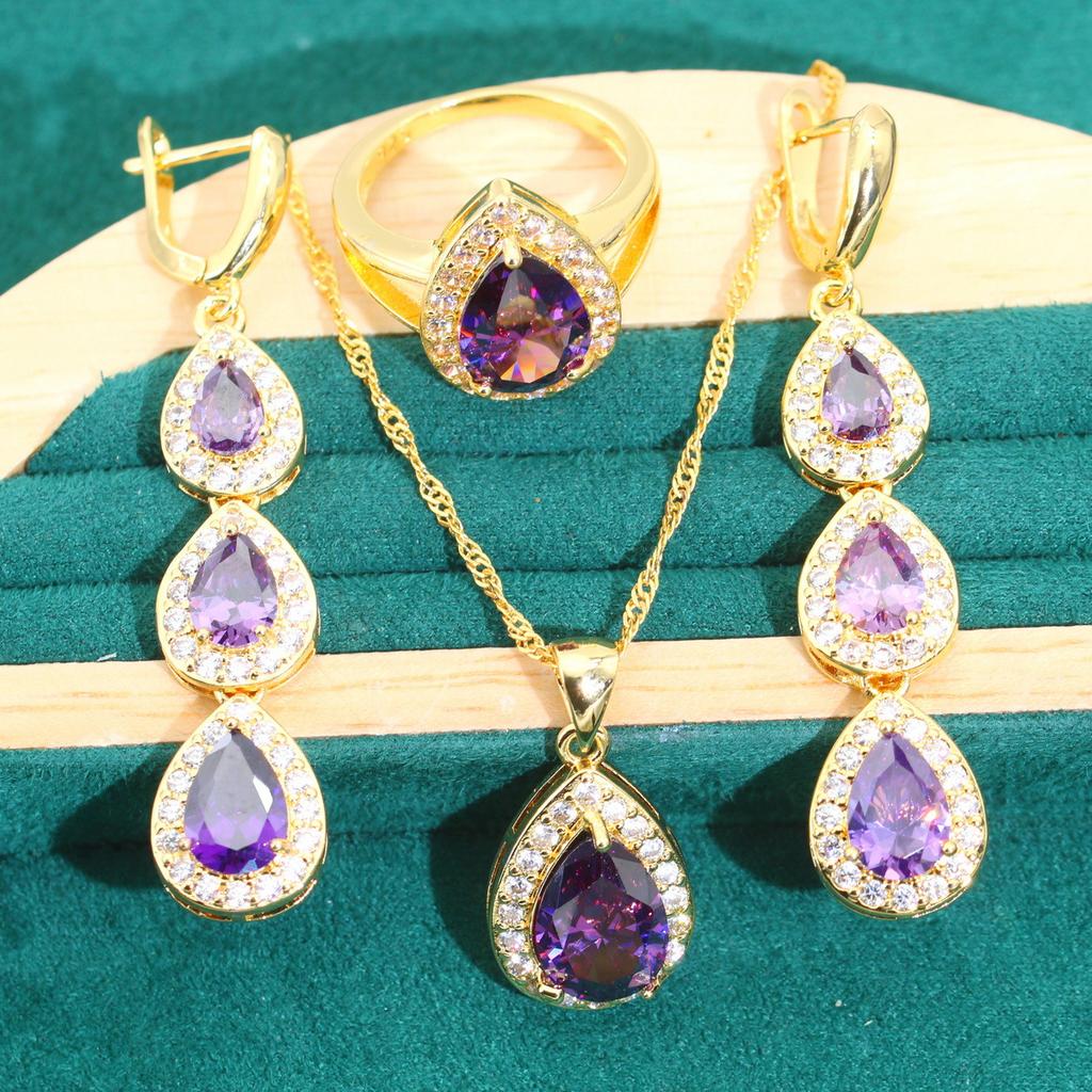 Biżuteria Niebieska Kropla Wody Cyrkonia Naszyjnik Kolczyki Pierścionek Bransoletka Zestaw Biżuterii