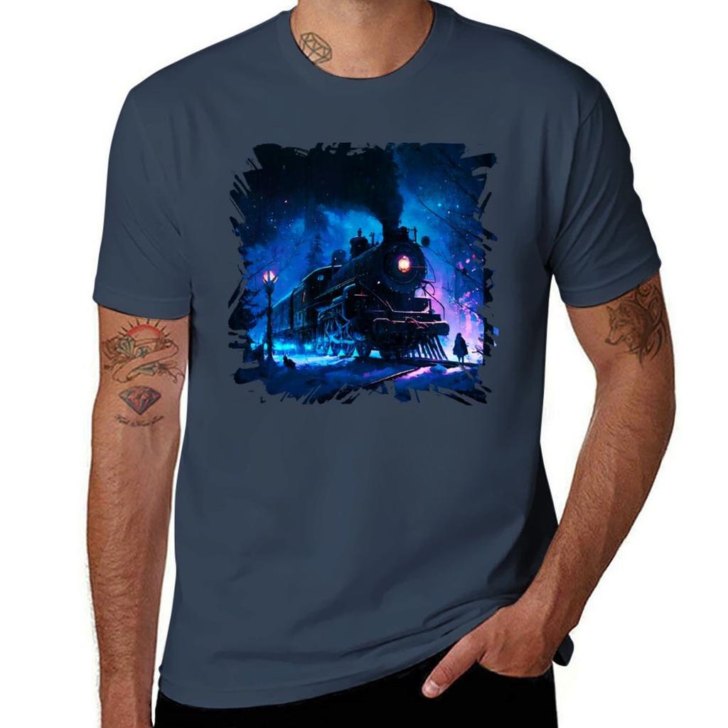 Snowy Night Steam Train EnchantUnisext TShirt Casual Fashion Short Sleeve Cotton TShirt
