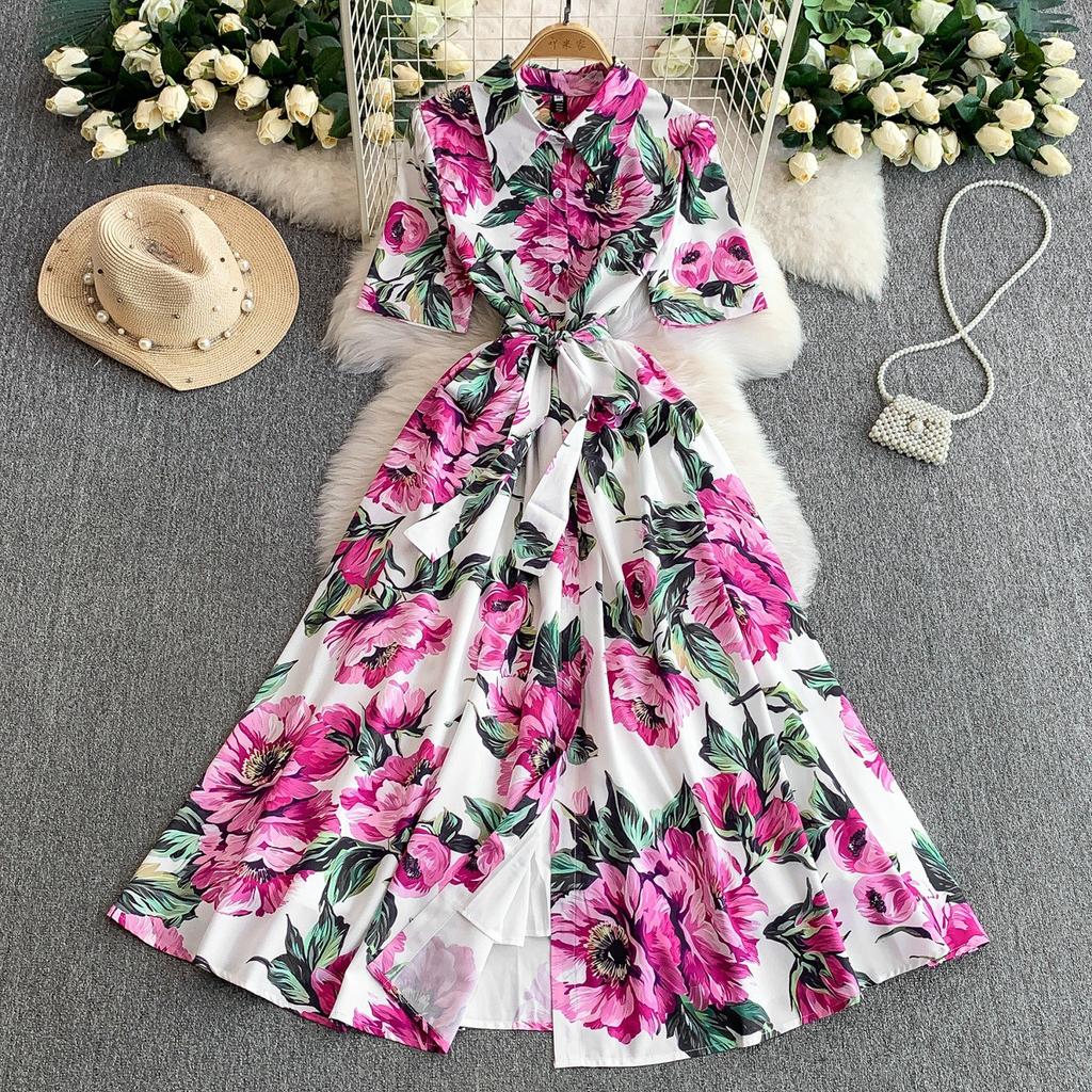 French Wear Temperament Printed Lapel Shirt Dress Women's Summer Vacation Style Strap Waist Skinny Long Dress