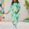 Women Plus Size Green Printed Round Neck Long Sleeve Top And Fitted Pants Two Piece Set