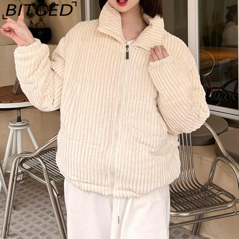 BITCED Winter Women's Stand Collar Short Corduroy Quilted Down Jacket Loose-Fit Lightweight Cotton-Padding Coat
